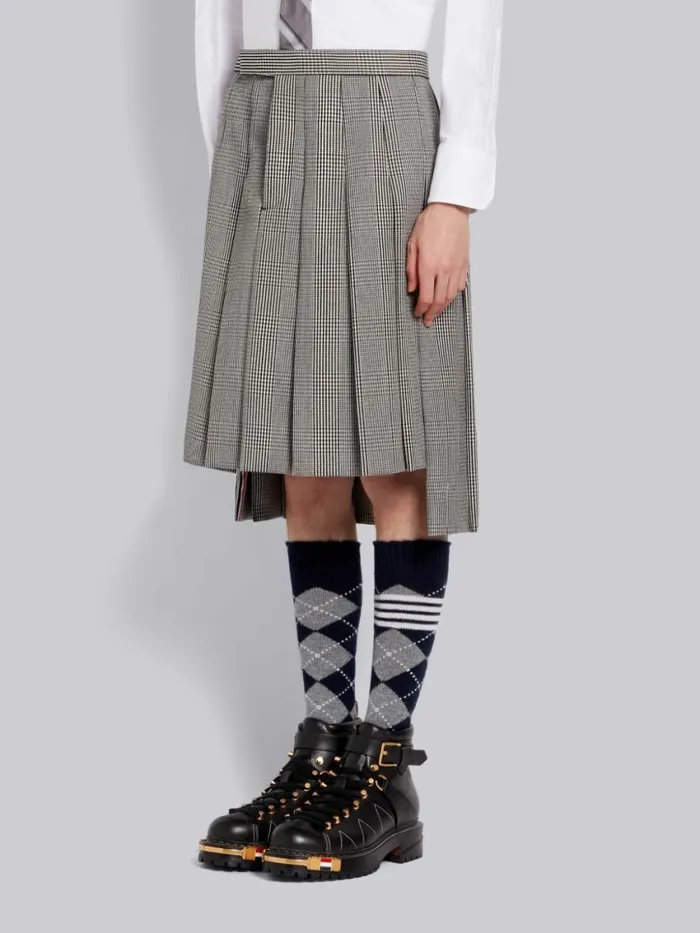 Men Prince Of Wales Wool Cavalry Twill Classic Knee Length Pleated Skirt Black And White Thom Browne Trousers