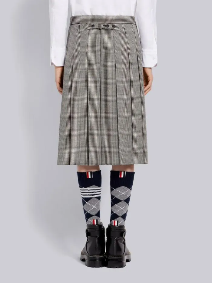 Men Prince Of Wales Wool Cavalry Twill Classic Knee Length Pleated Skirt Black And White Thom Browne Trousers