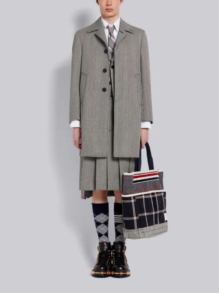 Men Prince Of Wales Wool Cavalry Twill Classic Knee Length Pleated Skirt Black And White Thom Browne Trousers