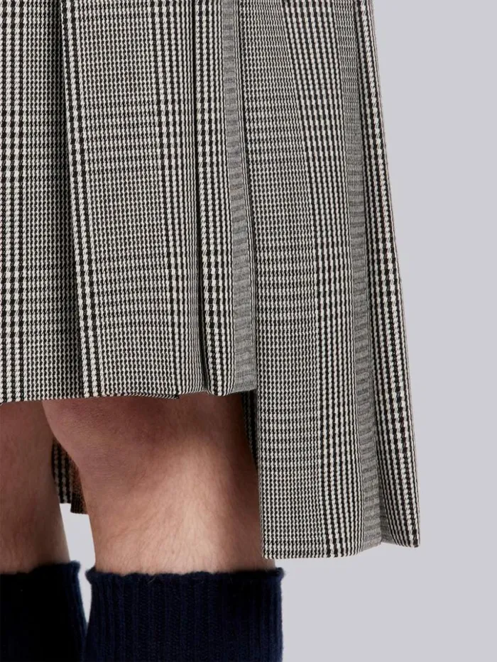 Men Prince Of Wales Wool Cavalry Twill Classic Knee Length Pleated Skirt Black And White Thom Browne Trousers