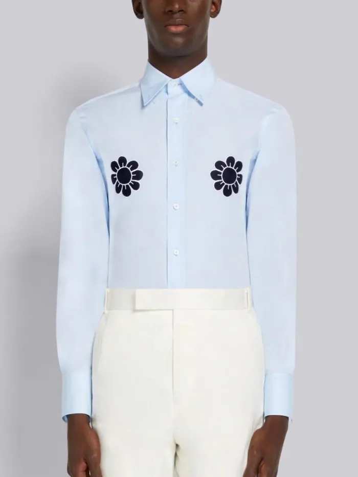 Men Satin Stitch Floral Applique Classic Fit Shirt Light Blue Thom Browne Shirting