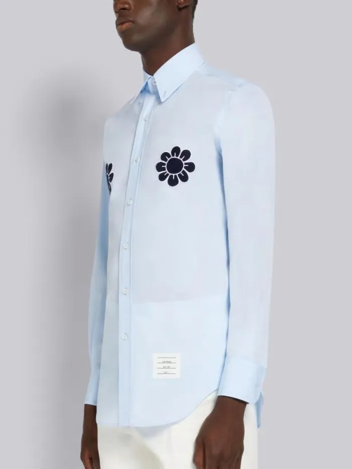 Men Satin Stitch Floral Applique Classic Fit Shirt Light Blue Thom Browne Shirting