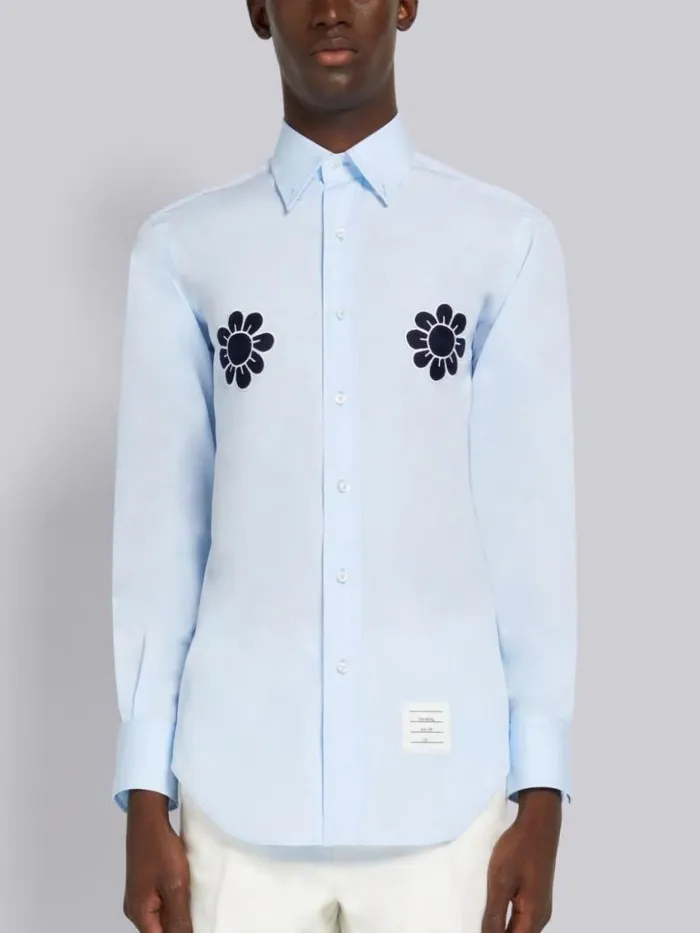 Men Satin Stitch Floral Applique Classic Fit Shirt Light Blue Thom Browne Shirting