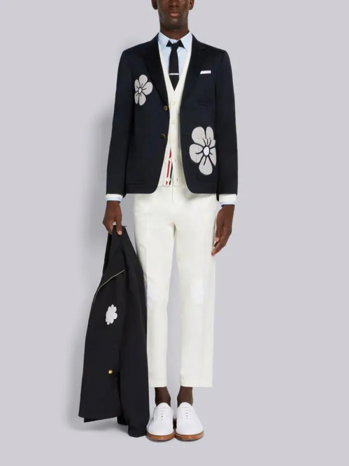 Men Satin Stitch Floral Applique Classic Fit Shirt Light Blue Thom Browne Shirting