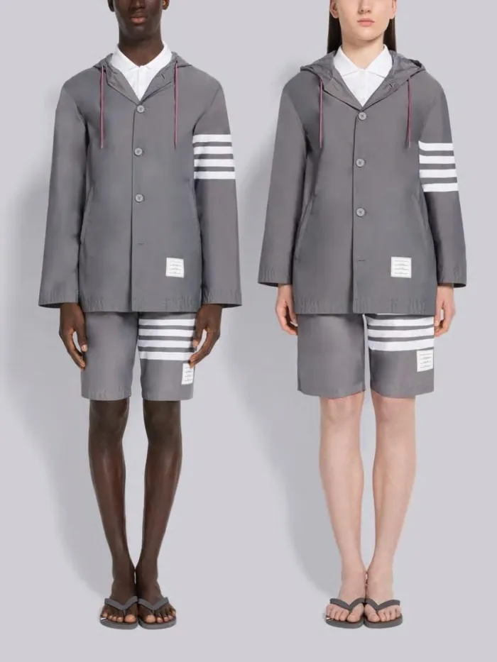 Men Solid Swim Tech 4bar Hooded Anorak Medium Grey Thom Browne Jackets and Suiting