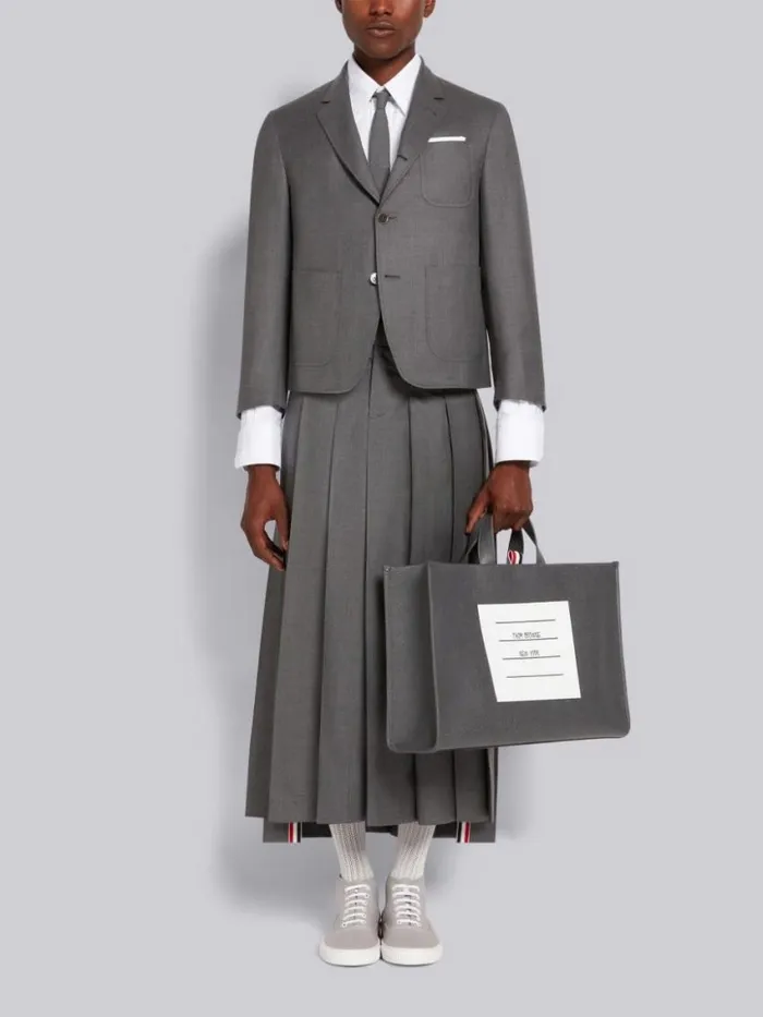 Men Super 120039s Wool Twill Pleated Backstrap Ankle Length Skirt Medium Grey Thom Browne Trousers