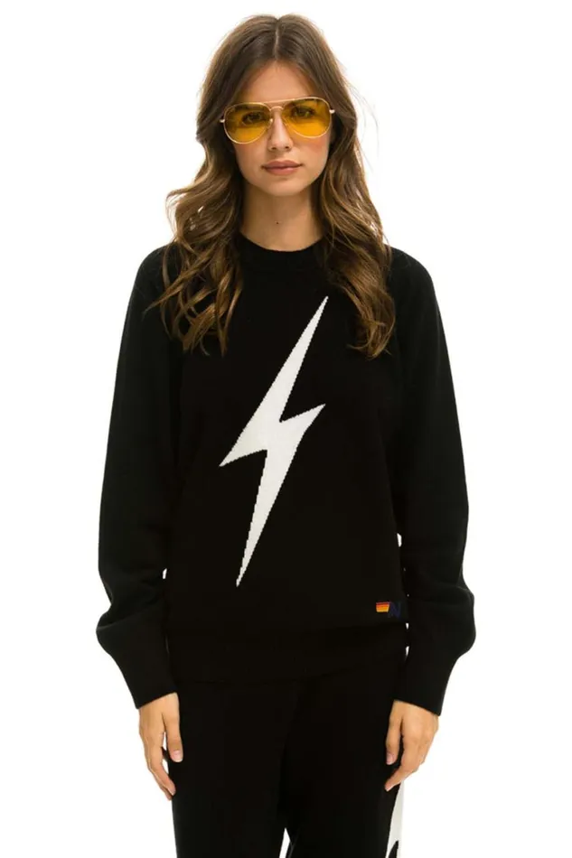 Men Sweatshirts Aviator Nation Unisex Bolt Cashmere Light Sweater 8211 Black White Bolt
