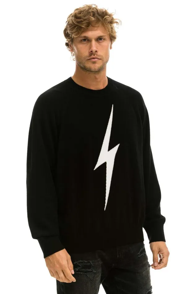Men Sweatshirts Aviator Nation Unisex Bolt Cashmere Light Sweater 8211 Black White Bolt