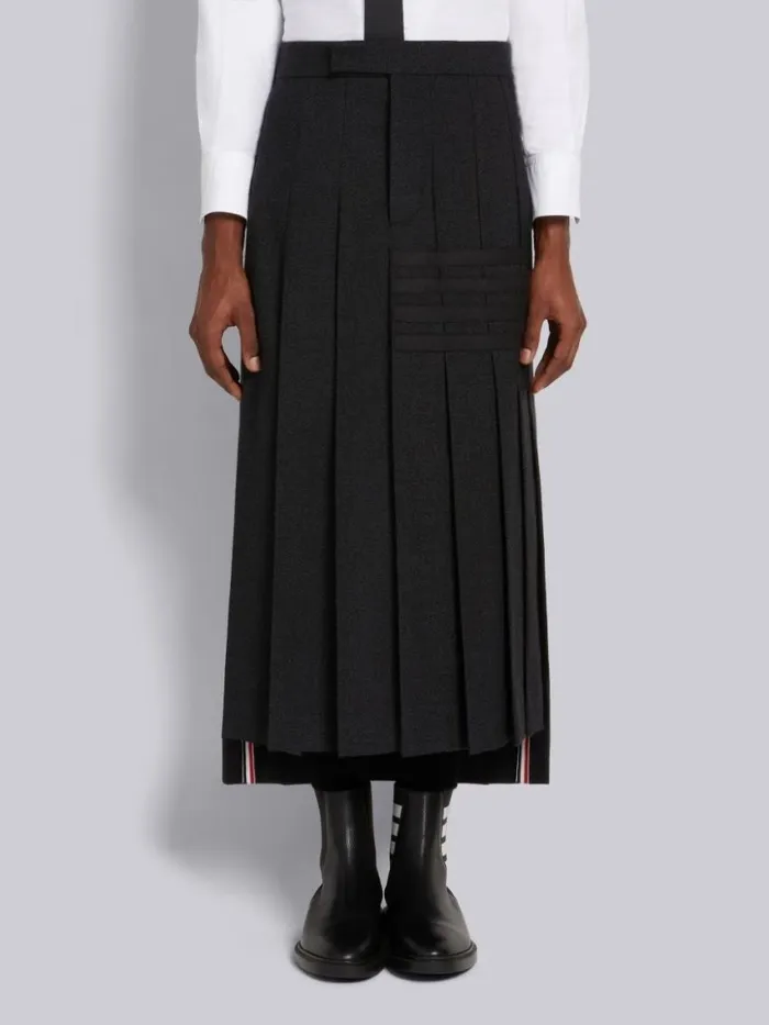 Men Thornproof Wool 4bar Ankle Length Classic Rise Backstrap Pleated Skirt Dark Grey Thom Browne Trousers Men Thornproof Wool 4bar Ankle Length Classic Rise Backstrap Pleated Skirt Dark Grey Thom Browne Trousers