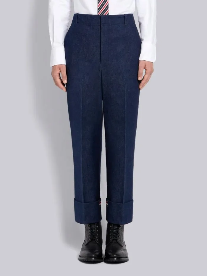 Men Washed Cotton Denim Deconstructed Cuffed Classic Trouser Navy Thom Browne Trousers