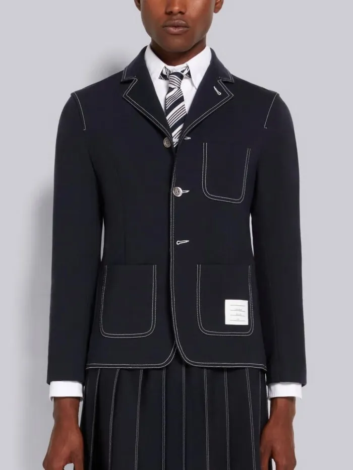 Men Wool Tech Milano Contrast Stitch Jacket Navy Thom Browne Jackets and Suiting