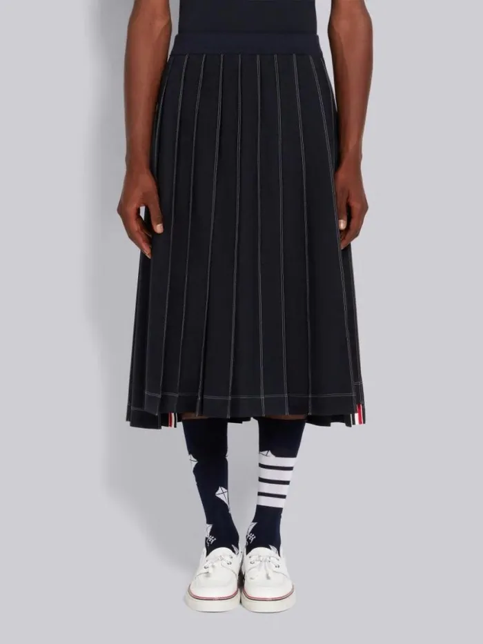 Men Wool Tech Milano Contrast Stitch Pleated Knee Length Skirt Navy Thom Browne Trousers Men Wool Tech Milano Contrast Stitch Pleated Knee Length Skirt Navy Thom Browne Trousers