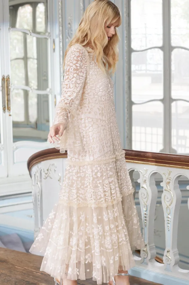 Needle and Thread Annie Sequin Tiered Ankle Gown Champagne Women Embellished Dresses
