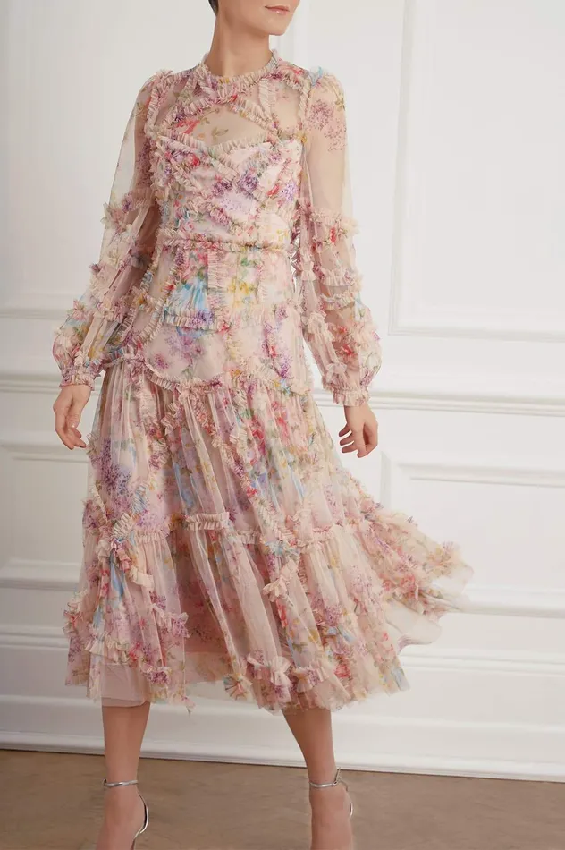 Needle and Thread Floral Diamond Ruffle Ballerina Dress Multi Women Printed Dresses