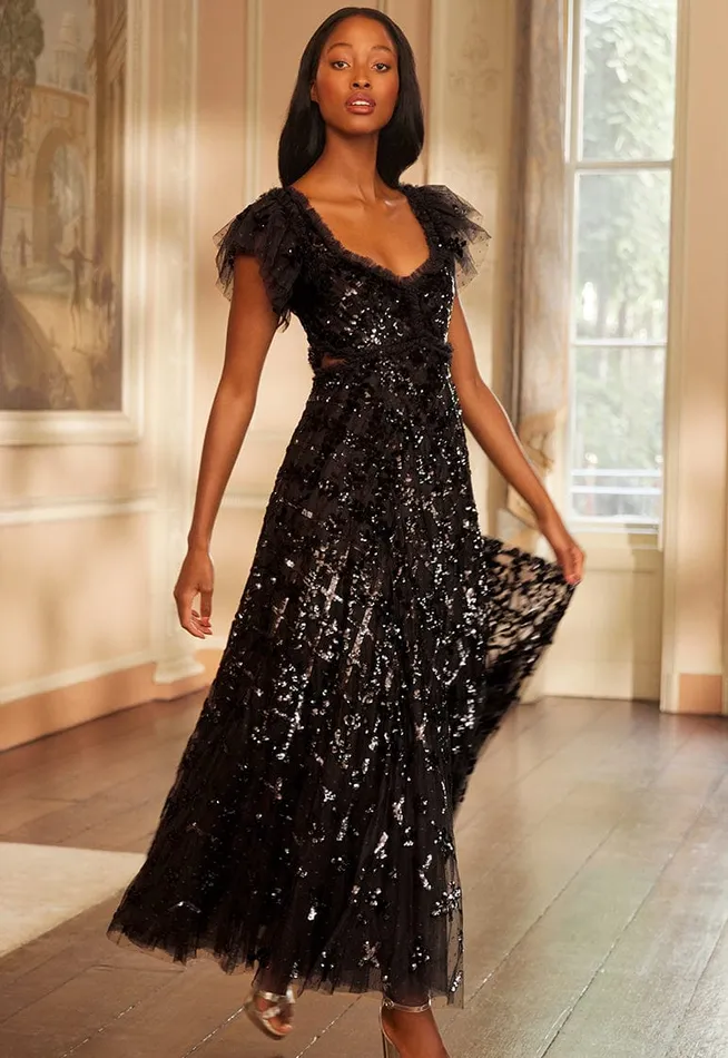 Needle and Thread Floral Lattice Ruffle Gown Black Women Embellished Dresses