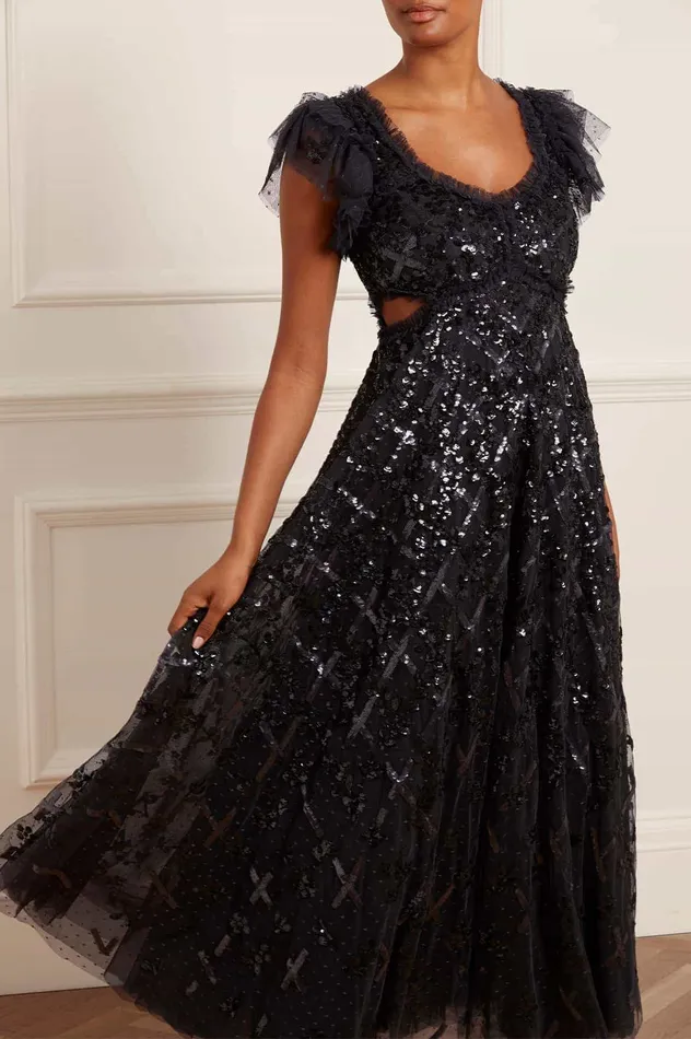 Needle and Thread Floral Lattice Ruffle Gown Black Women Embellished Dresses