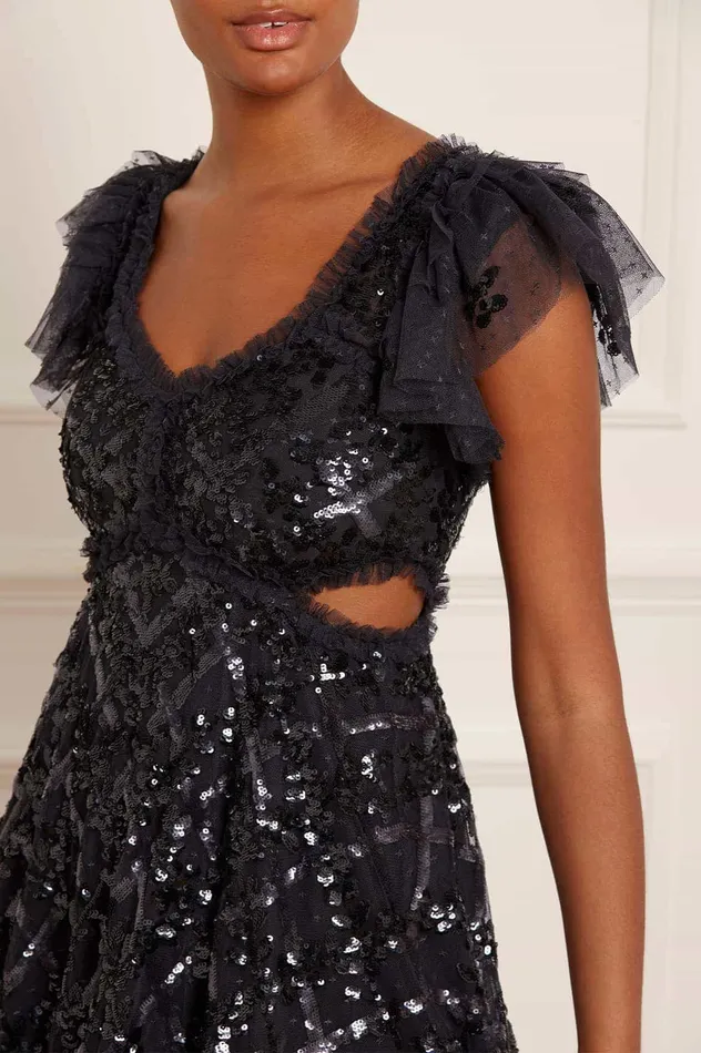Needle and Thread Floral Lattice Ruffle Gown Black Women Embellished Dresses