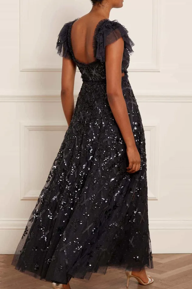 Needle and Thread Floral Lattice Ruffle Gown Black Women Embellished Dresses