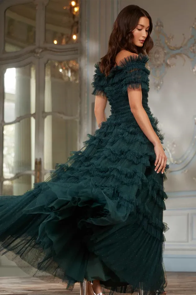 Needle and Thread Lisette Ruffle Off Shoulder Gown Green Women Evening Dresses