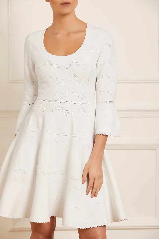 Needle and Thread Pretty Pointelle Knit Scoop Neck Mini Dress White Women Day Dresses