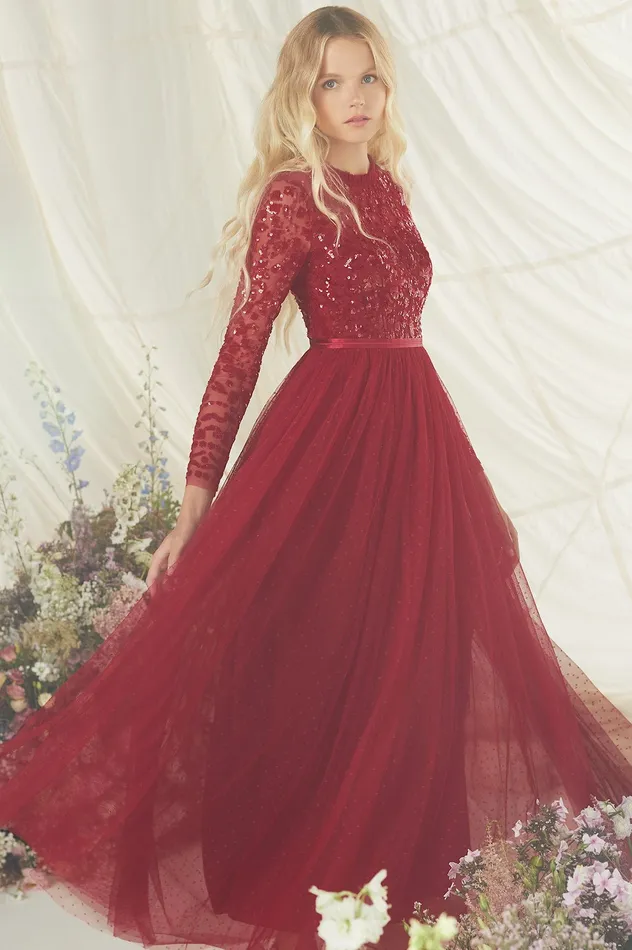 Needle and Thread Tempest Bodice Ankle Gown Red Women Embellished Dresses