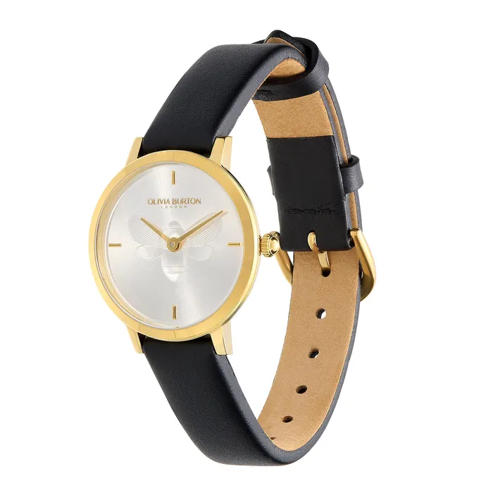 Olivia Burton 28mm Bee Ultra Slim Gold and Black Leather Strap Watch Women Bee Watches