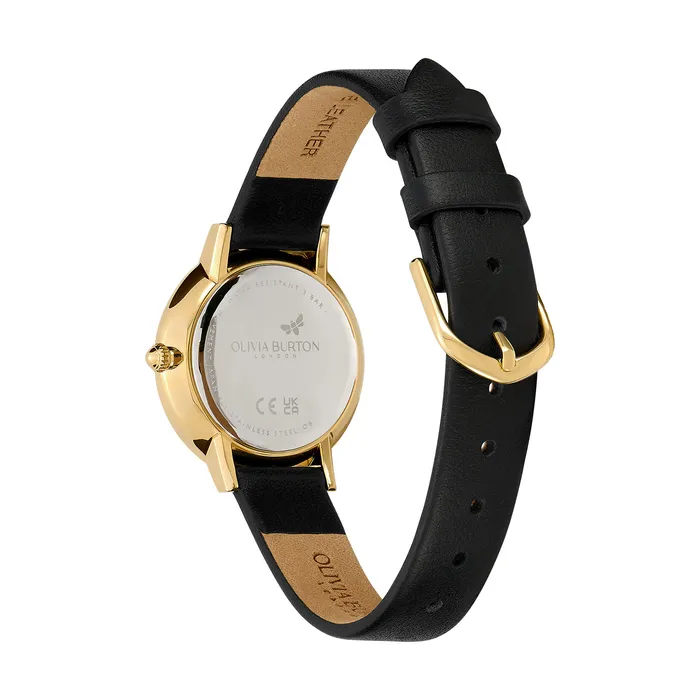 Olivia Burton 28mm Bee Ultra Slim Gold and Black Leather Strap Watch Women Bee Watches