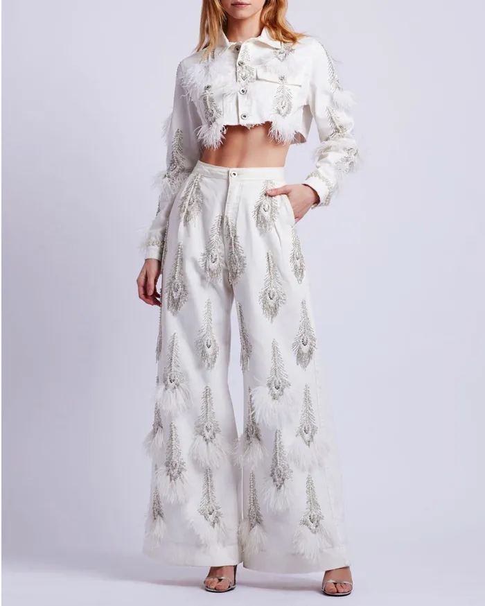 Patbo Matching Sets HandBeaded Denim And Feather Jeans White 8211 Women