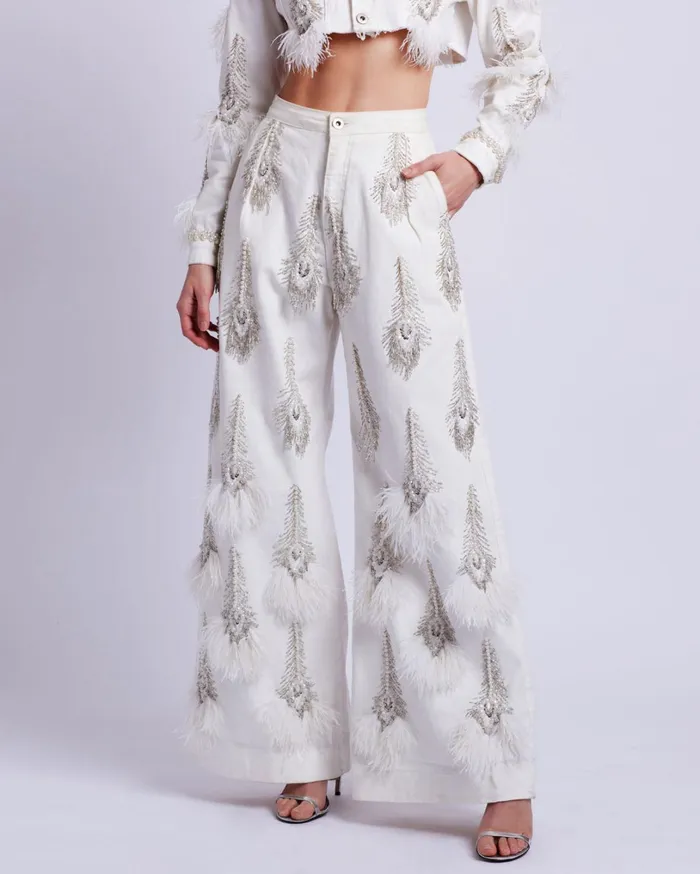 Patbo Matching Sets HandBeaded Denim And Feather Jeans White 8211 Women