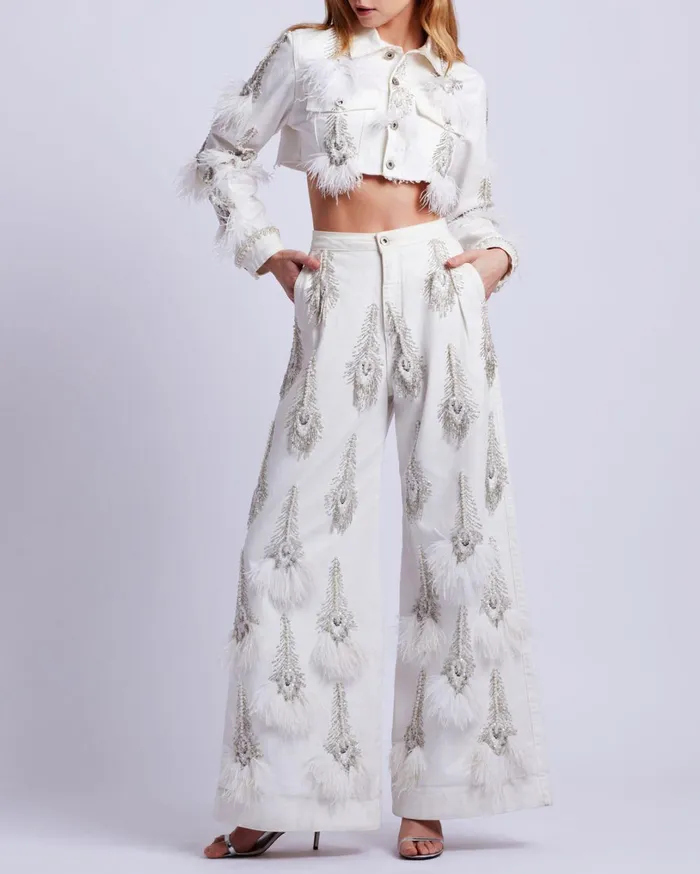 Patbo Matching Sets HandBeaded Denim And Feather Jeans White 8211 Women