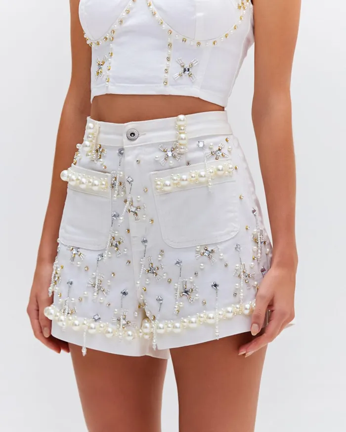 Patbo Matching Sets HandBeaded Denim Shorts White 8211 Women