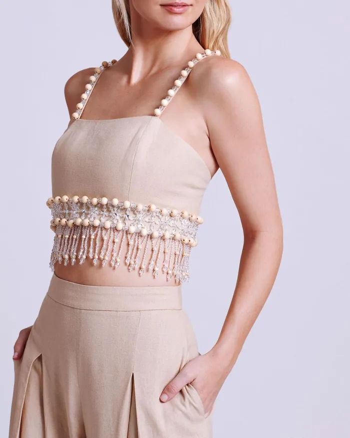 Patbo Matching Sets Wood And Crystal Beaded Linen Top Sand 8211 Women