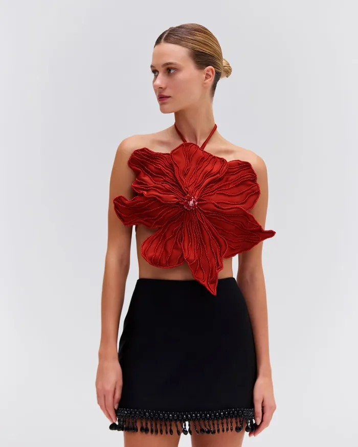 Patbo Tops and Bodysuits HandBeaded Flower Top Liquor 8211 Women