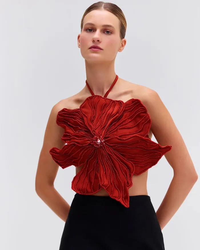 Patbo Tops and Bodysuits HandBeaded Flower Top Liquor 8211 Women