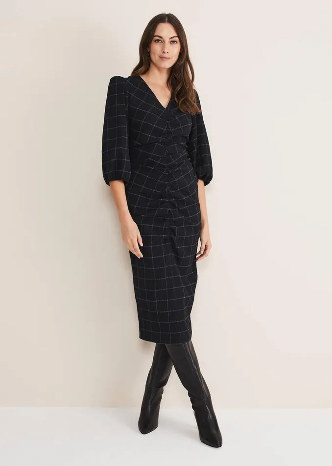 Phase Eight Dresses Women Addison Check Ruched Dress Blackblue