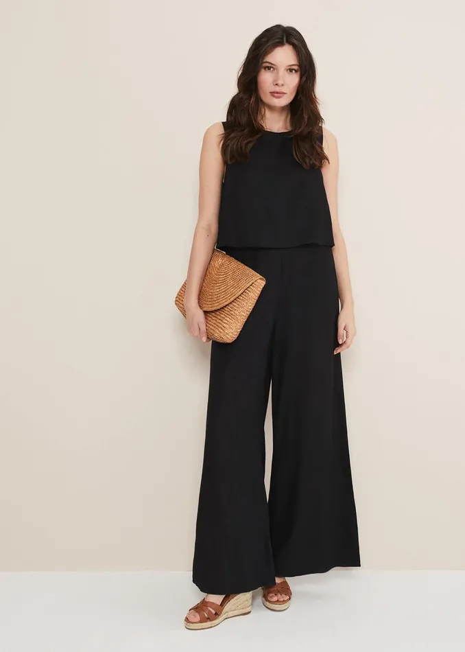 Phase Eight Dresses Women Aubrey Black Linen Wide Leg Jumpsuit Black