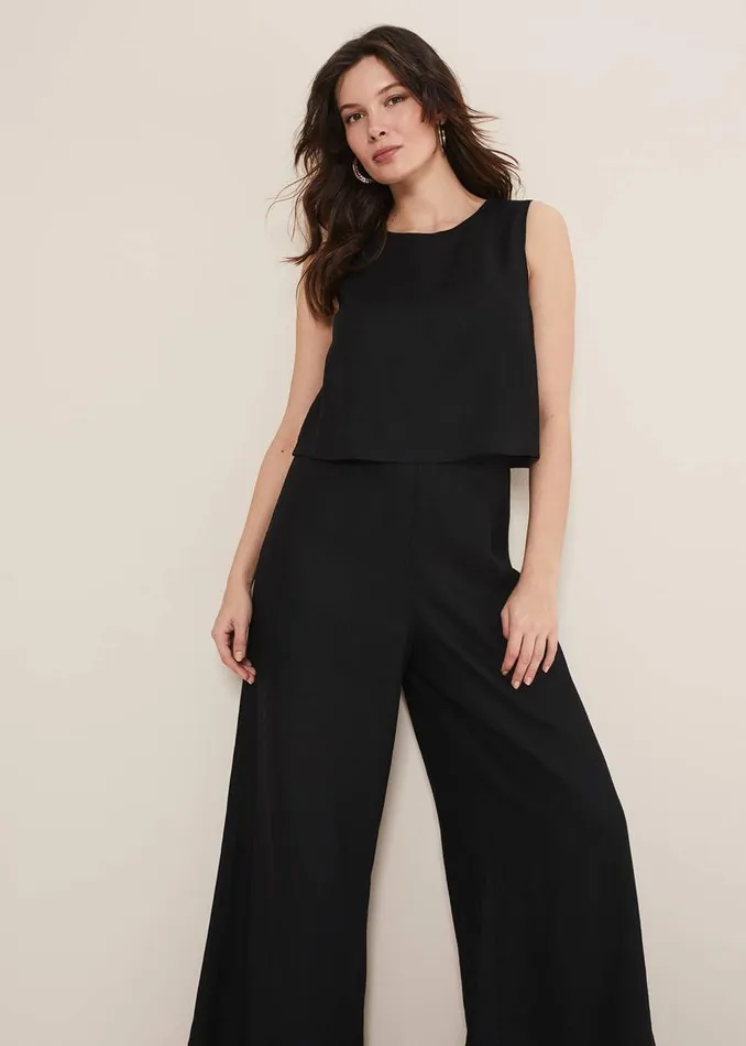 Phase Eight Dresses Women Aubrey Black Linen Wide Leg Jumpsuit Black