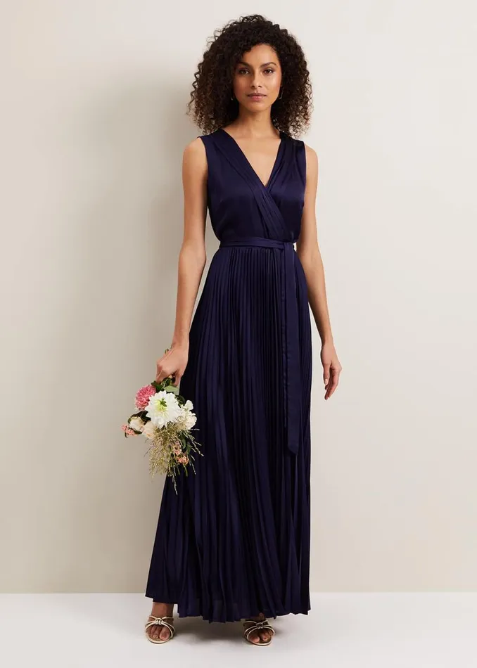 Phase Eight Dresses Women Bonnie Pleat Wrap Satin Maxi Dress Navy
