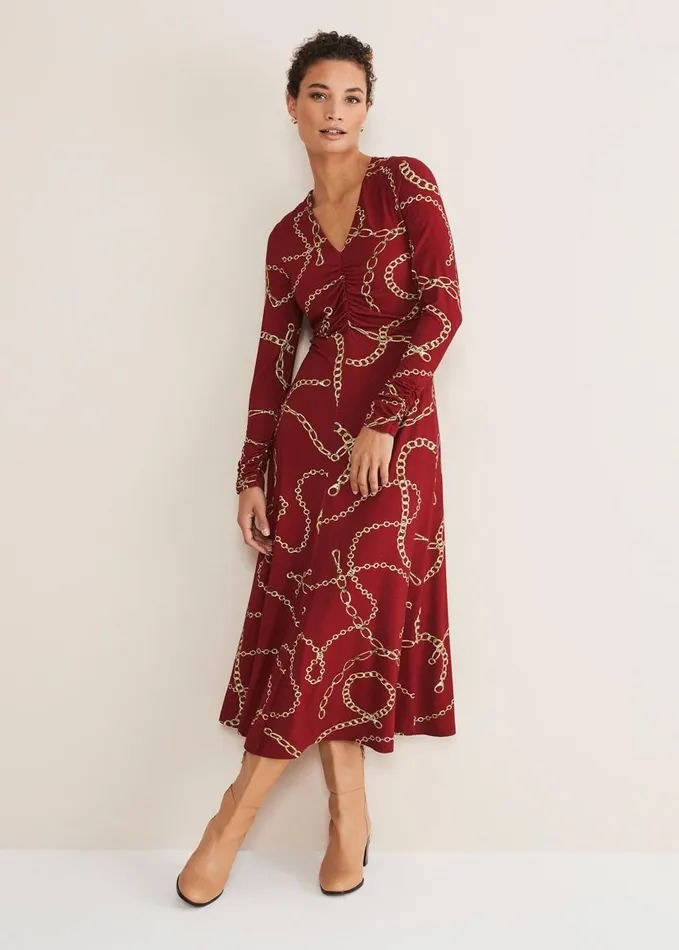Phase Eight Dresses Women Cheska Chain Print Ruched Midi Dress Dark Red