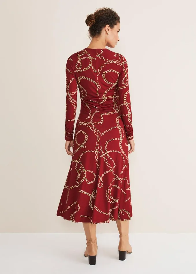 Phase Eight Dresses Women Cheska Chain Print Ruched Midi Dress Dark Red