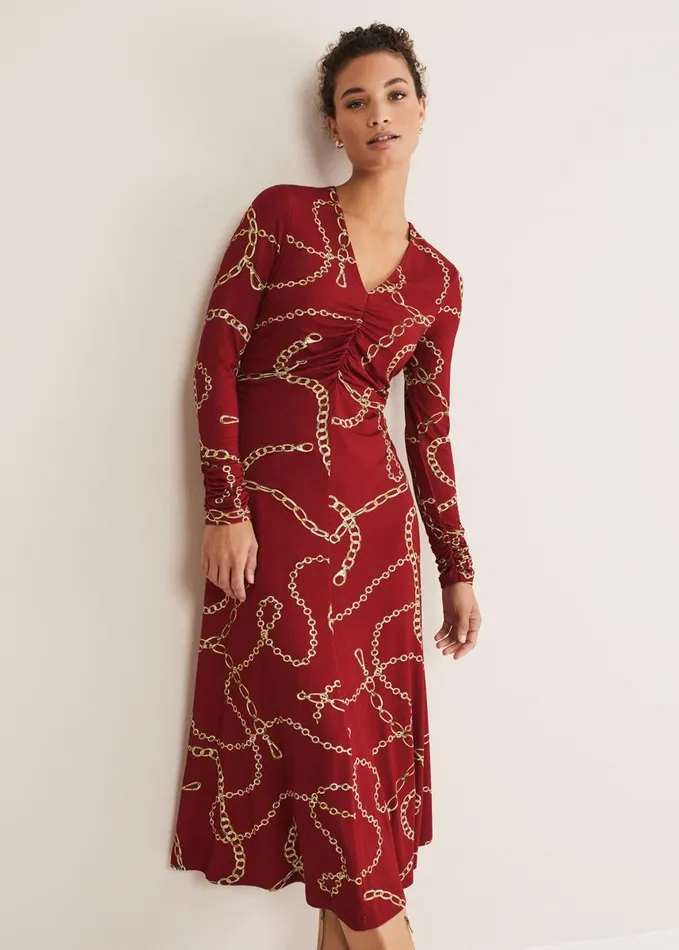 Phase Eight Dresses Women Cheska Chain Print Ruched Midi Dress Dark Red