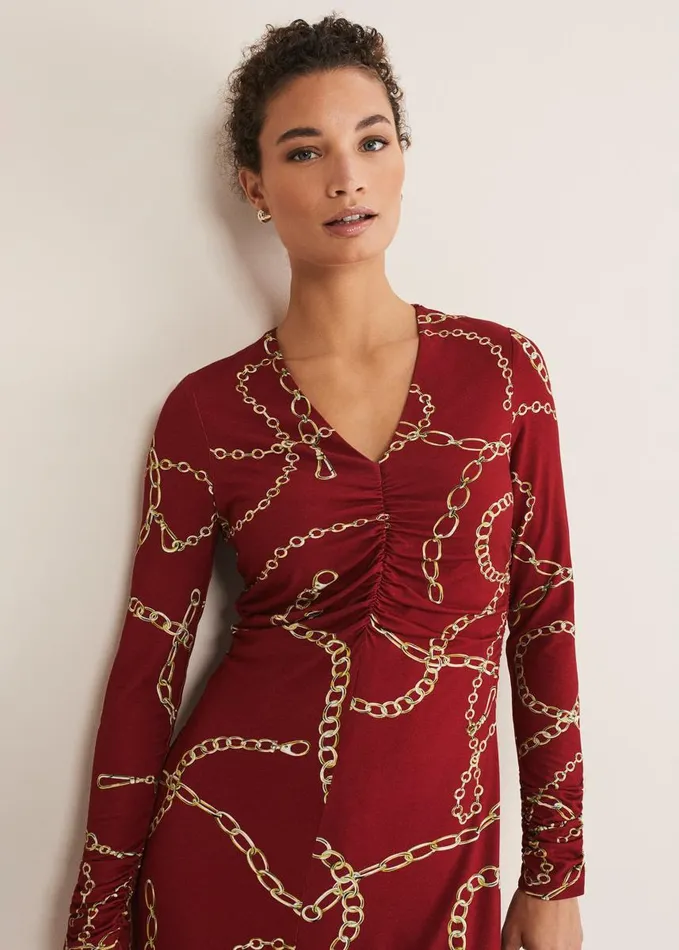 Phase Eight Dresses Women Cheska Chain Print Ruched Midi Dress Dark Red