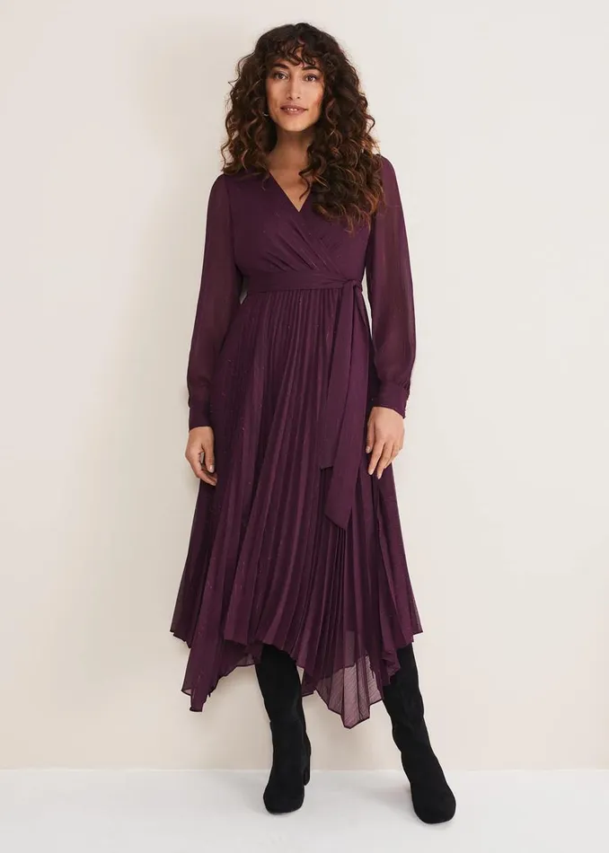 Phase Eight Dresses Women Dani Pleated Belted Midi Dress Plum