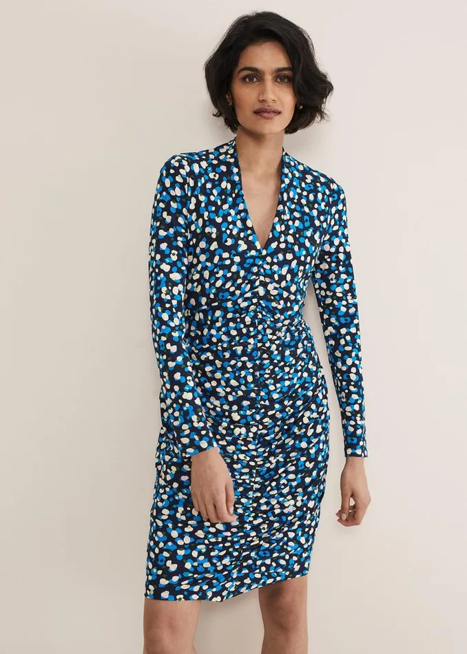 Phase Eight Dresses Women Juno Ruched V Neck Dotty Bodycon Dress Blue Multi
