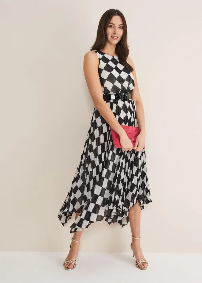 Phase Eight Dresses Women Laurel Checked Pleated Midi Dress Blackwhite