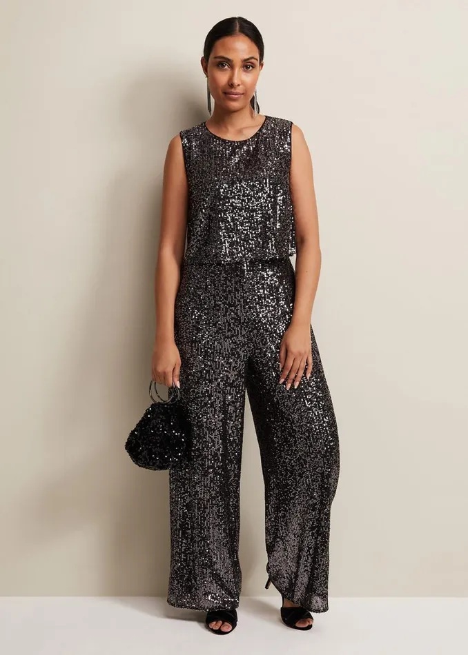 Phase Eight Dresses Women Petite Aubrey Sequin Wide Leg Jumpsuit Gunmetal