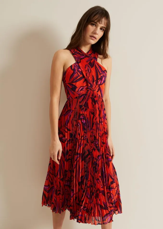 Phase Eight Dresses Women Sorella Pleated Midi Dress Vermillionmulti