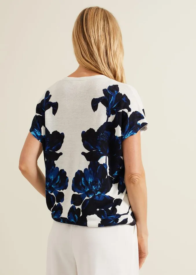Phase Eight Knitwear Women Mia Floral Print Linen Knit Top Navyivory