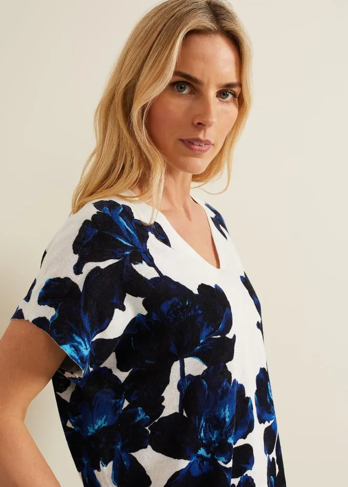 Phase Eight Knitwear Women Mia Floral Print Linen Knit Top Navyivory