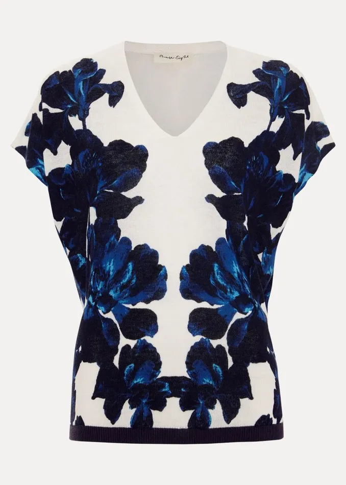 Phase Eight Knitwear Women Mia Floral Print Linen Knit Top Navyivory